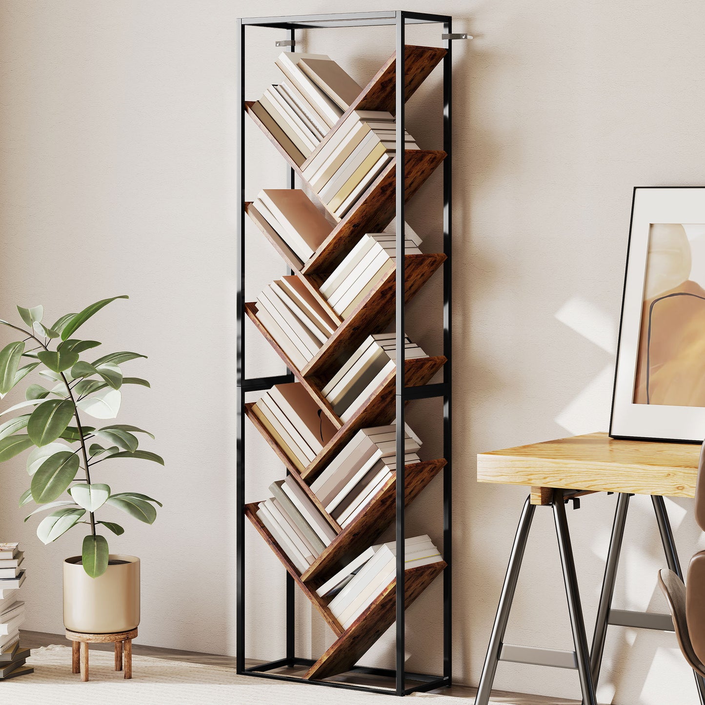 Dico Metal And Wood Black And Brown 10 Tier Industrial Display Bookcase