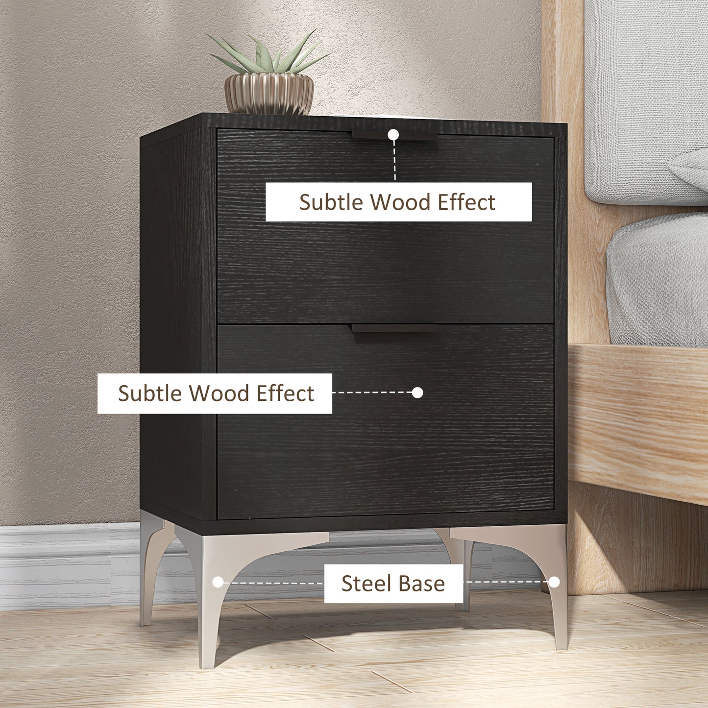 Nesove Set Of 2 Wood and Metal Black Bedside Table 2 Drawers