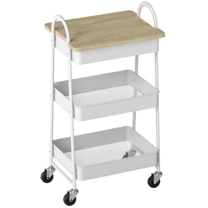 Satoro Wooden White And Oak 3 Tier Kitchen Trolley With Covered Top