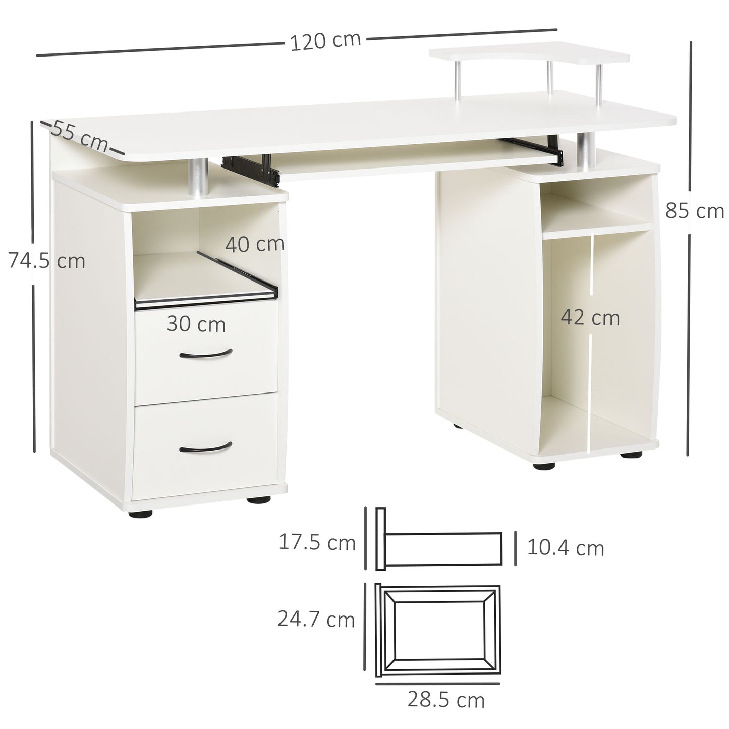 Risaso 120cm White Office Desk With Sliding Keyboard Tray 2 Drawers And Shelving