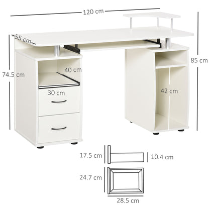Risaso 120cm White Office Desk With Sliding Keyboard Tray 2 Drawers And Shelving
