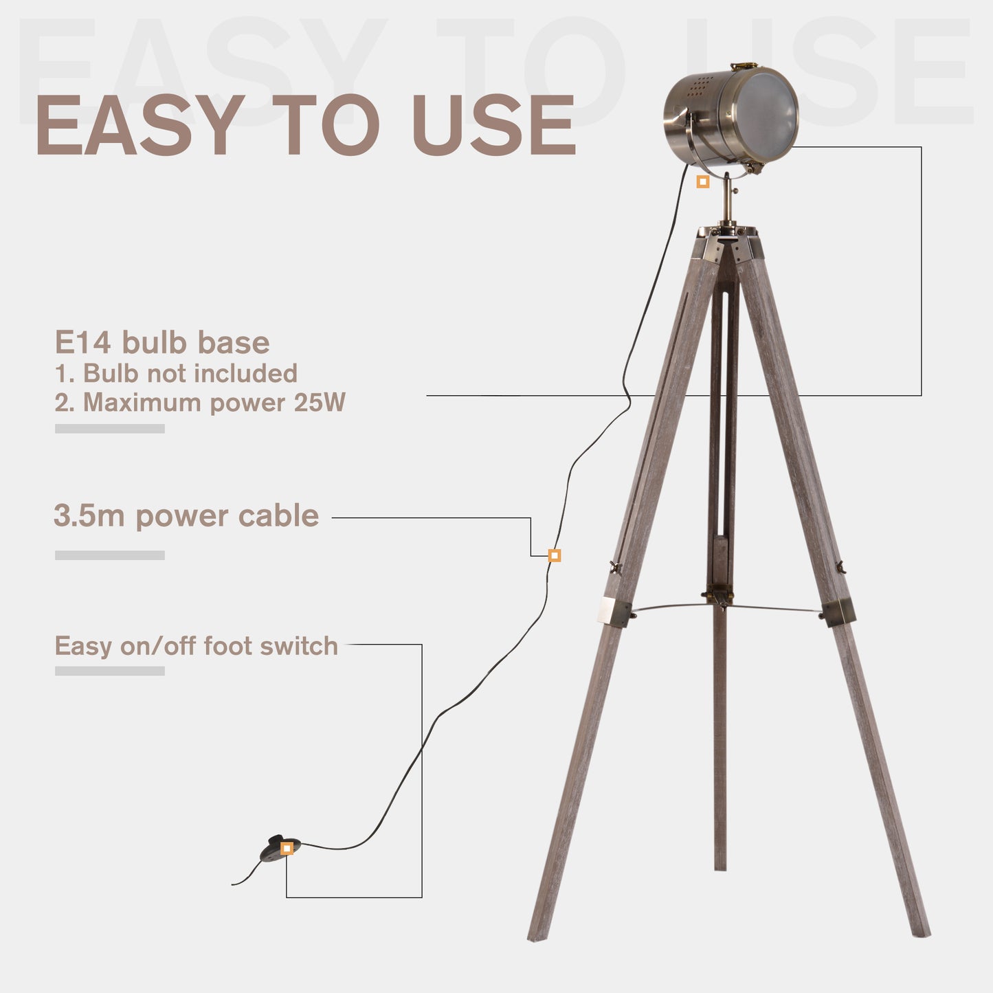 Sosureyo Wood And Metal Grey And Bronze Industrial Tripod Floor Lamp With Adjustable