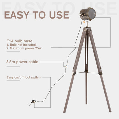 Sosureyo Wood And Metal Grey And Bronze Industrial Tripod Floor Lamp With Adjustable