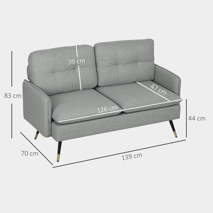 Fine Fabric Grey Button Tufted 2 Seater Sofa With Cushions And Steel Legs