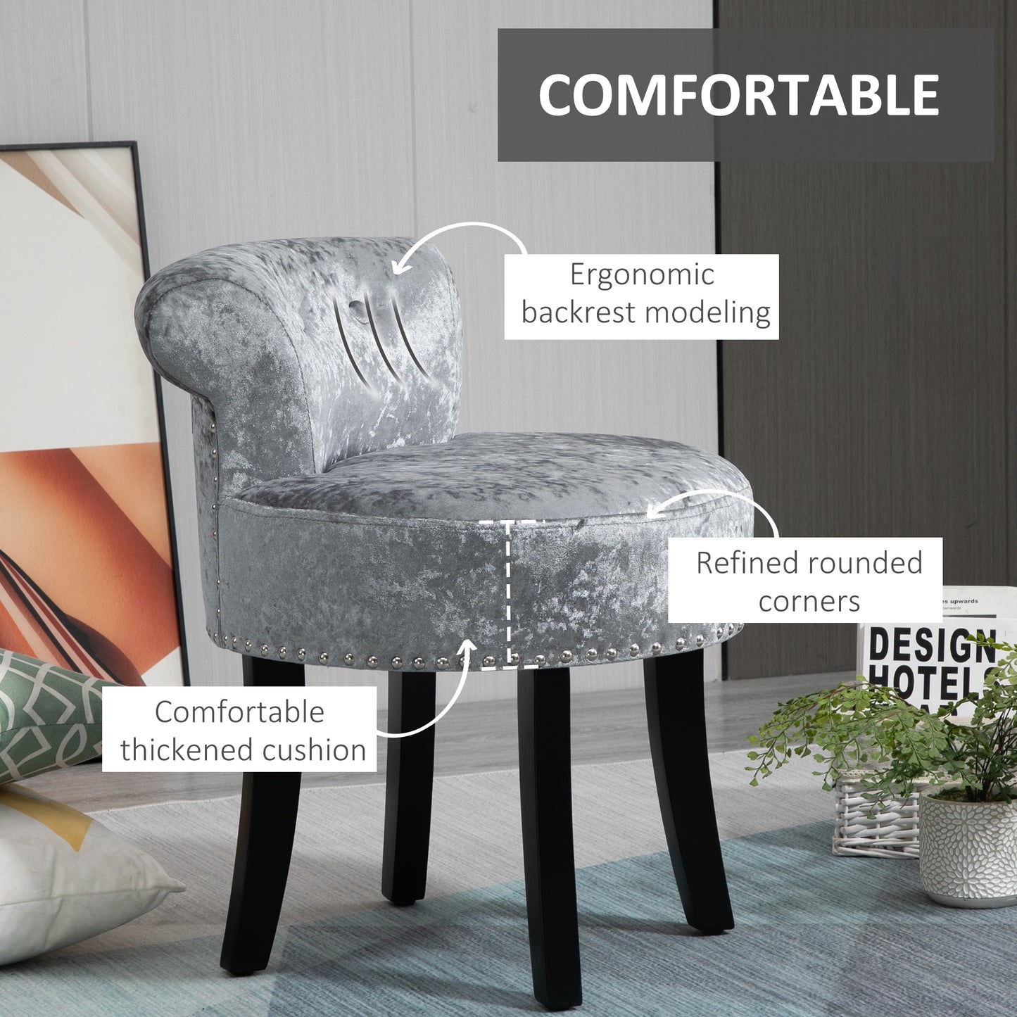 Mocareba Grey Velvet Dressing Table Stool With Rubber Wood Legs
