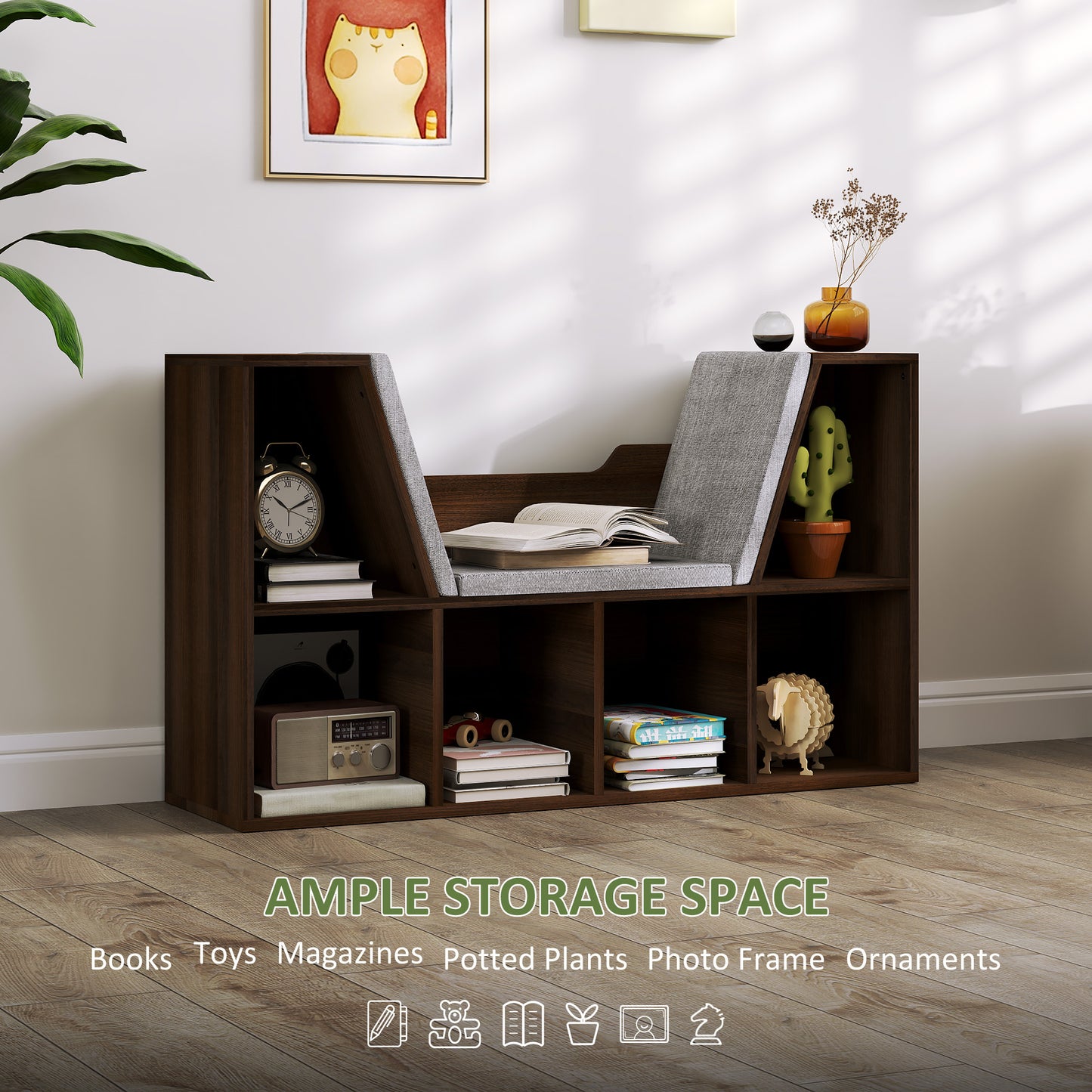 Elka Lado Wood Chestnut Cube Bookcase With Cushioned Reading Seat