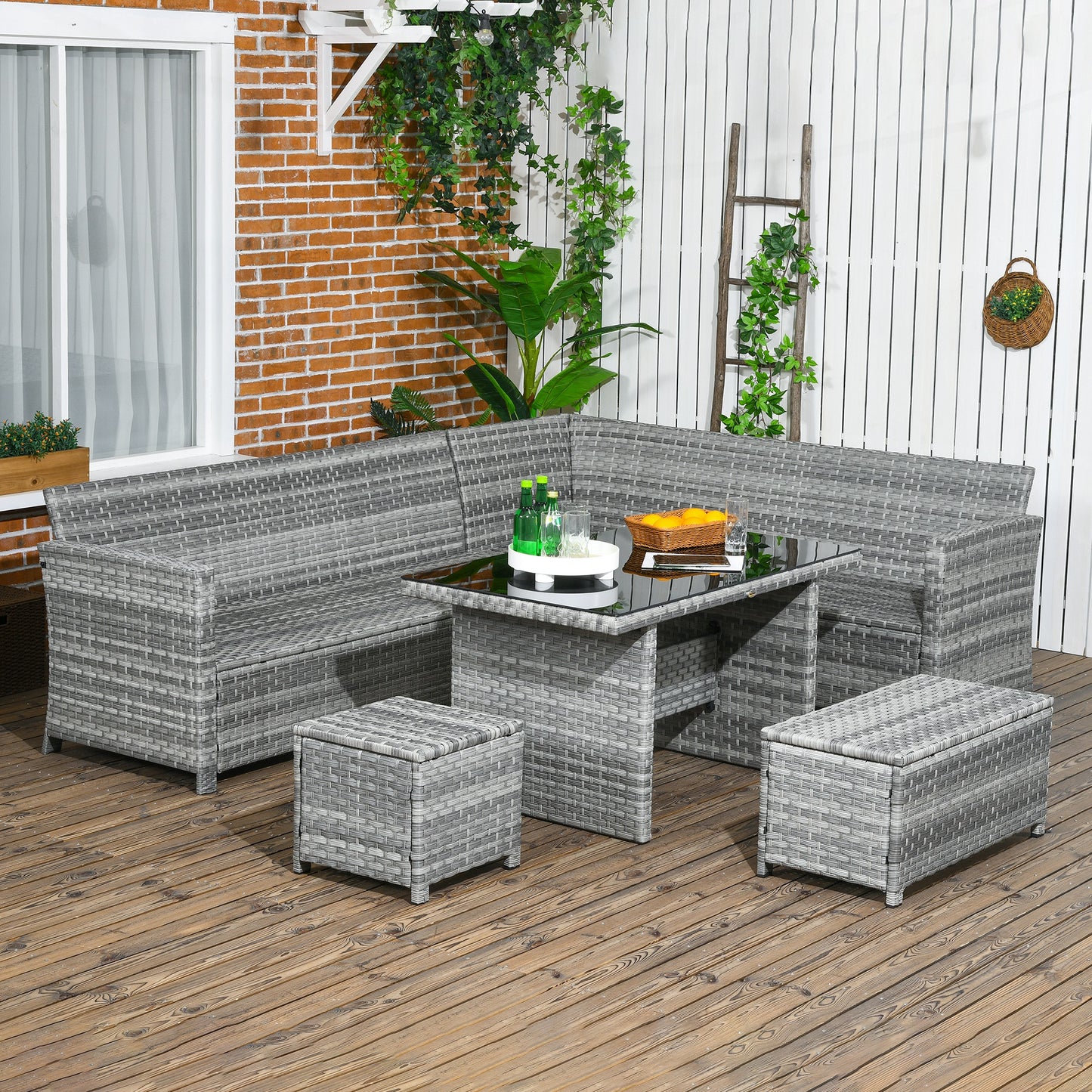 Sakale Grey Rattan 9 Seater Garden Furniture Set With Corner Sofa Footstools And Glass Table