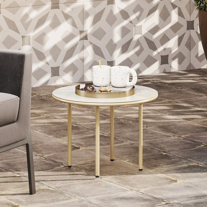 Bake Steel Beige Round Side Table With Faux Marble Glass Top