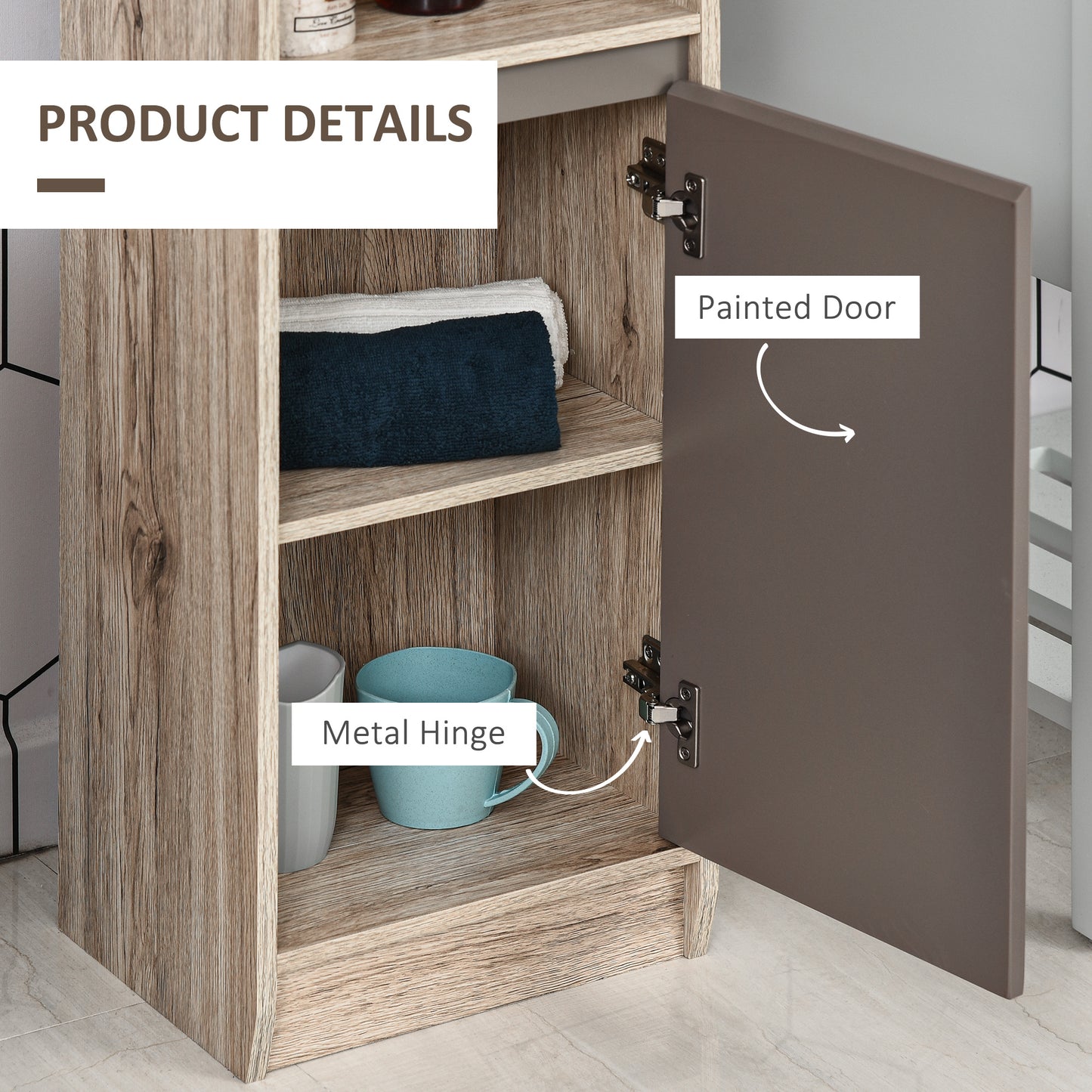 Kaeldo Slim Bathroom Storage Cabinet With OFauxn Compartment Adjustable Shelves Grey And Oak