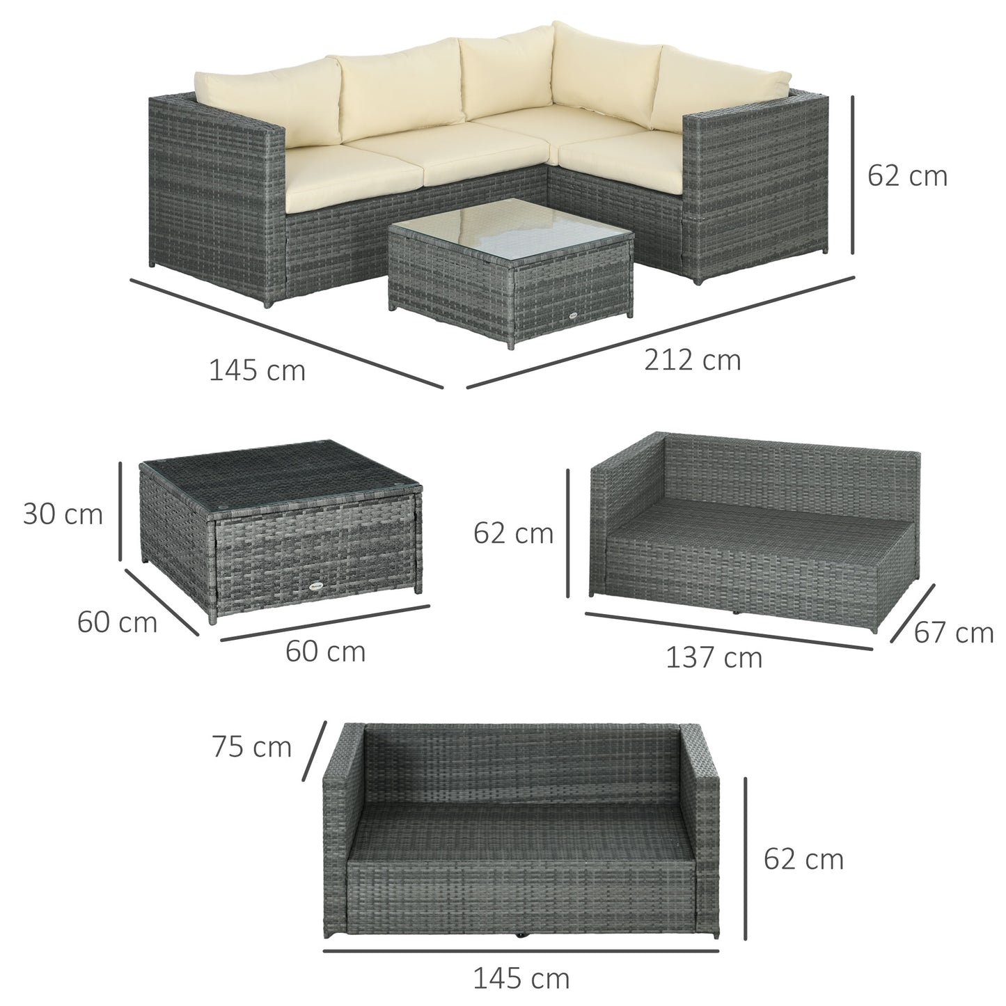 Sapana Rattan Grey and Cream 4 Seater Corner Garden Sofa Set With Glass Top Table