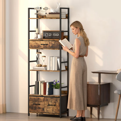Cova Metal And Wood Brown And Black Industrial Bookcase With 4 Shelves And Fabric Drawers