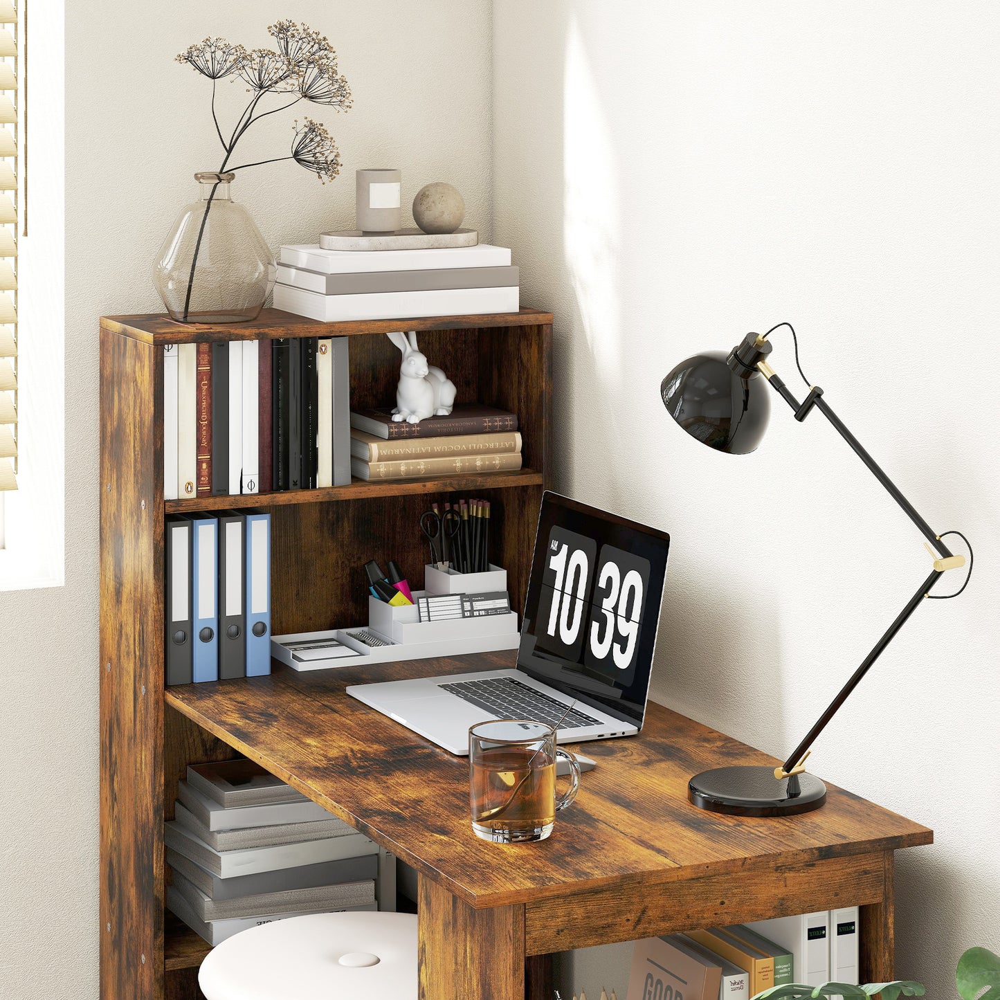 Nanono 120cm Wooden Rustic Brown 6 Tier Bookshelf Desk For Home Office