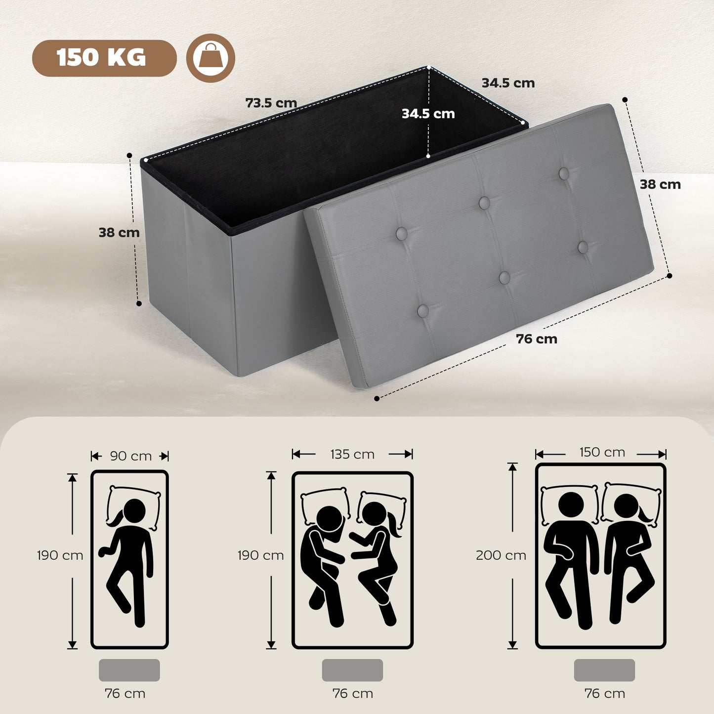 Nevi Faux Leather Grey Folding Storage Ottoman Bench 89 Litre