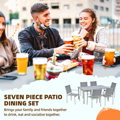 Mayoso 6 Seater Steel White and Grey Garden Dining Set With Glass Top Table And Stackable Chairs