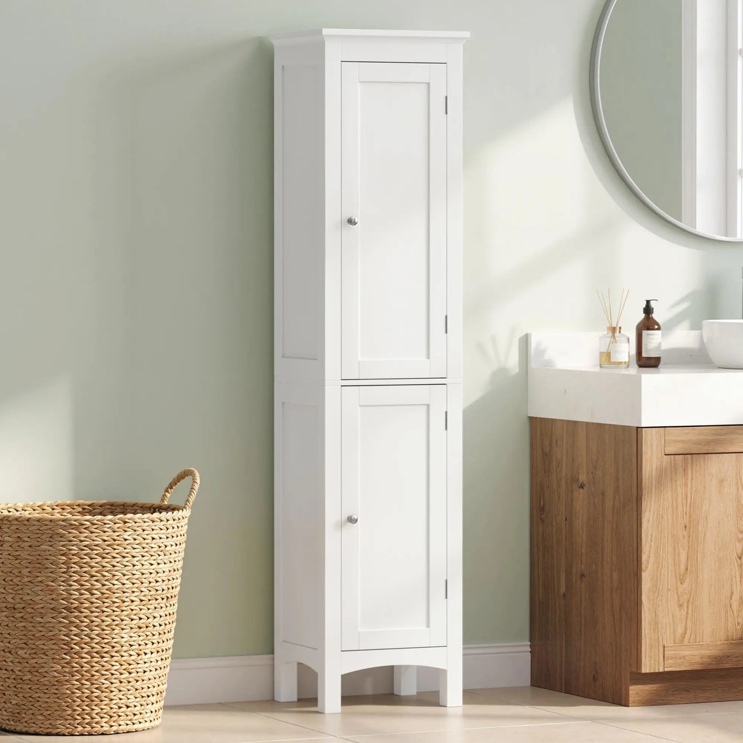 Barila 160cm Slim Tall Bathroom Storage Cabinet With Adjustable Shelves And Double Doors White