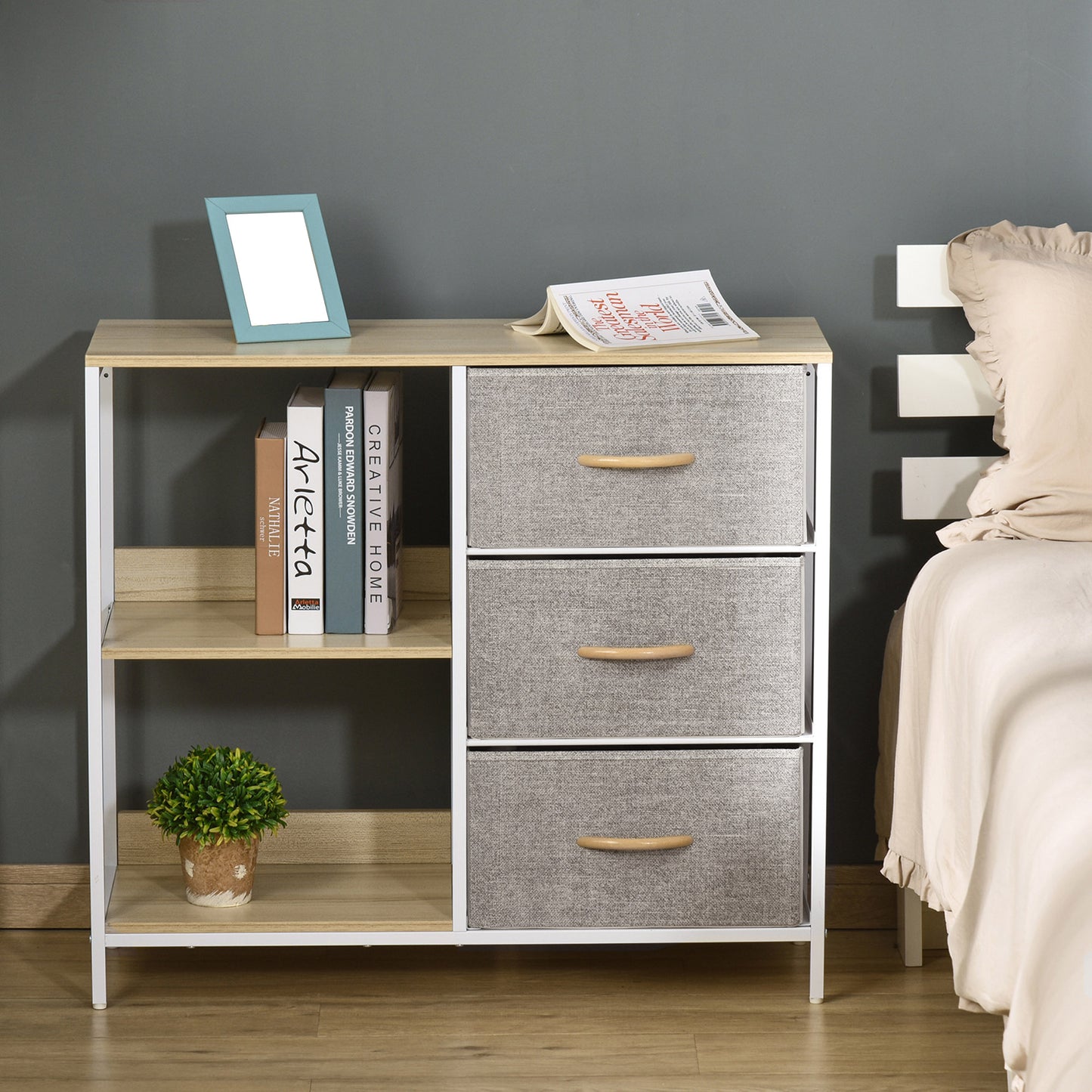 Pasaha White Metal and Natural Wood Storage Chest With 3  Grey Fabric Drawers and 2 Shelvess