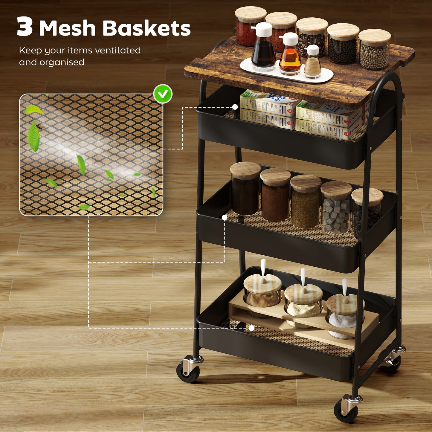 Rottola Wooden Rustic Brown And Black 3 Tier Kitchen Trolley With Covered Top