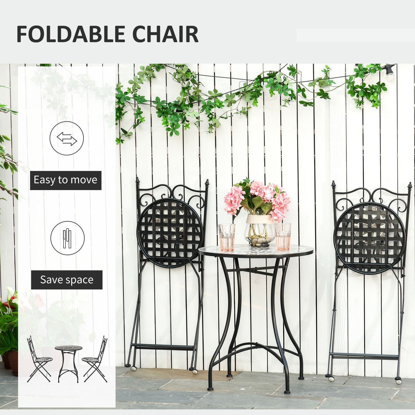Lilera 3 Piece Mosaic Tile Bistro Set With Folding Chairs And Metal Frame