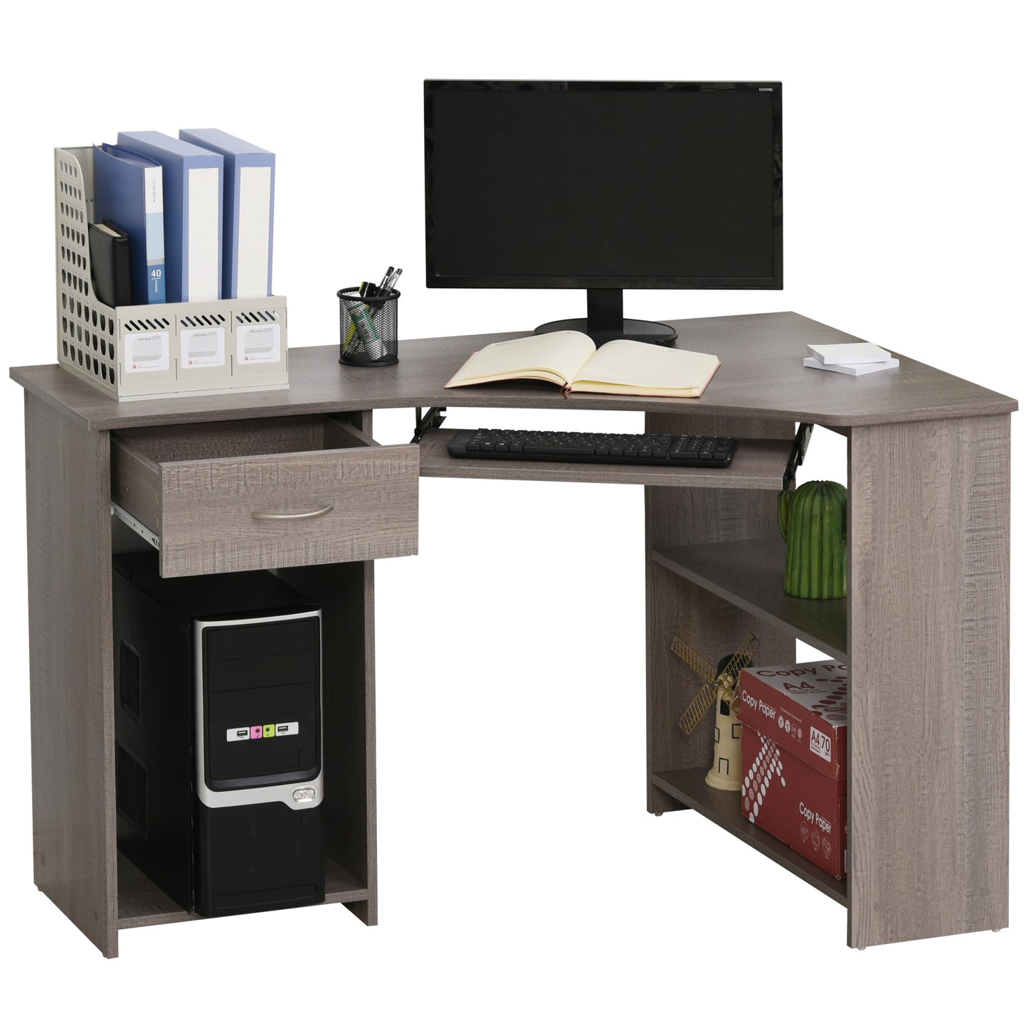 Nifi 120cm Wooden Grey L Shaped Corner Desk With Keyboard Tray Drawers And Shelving