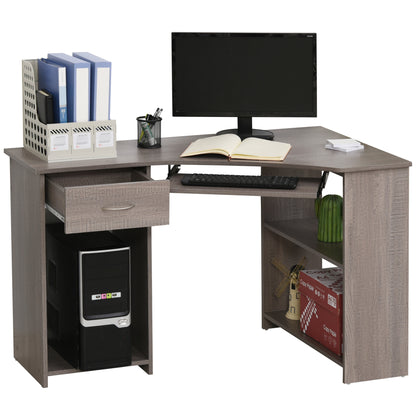 Nifi 120cm Wooden Grey L Shaped Corner Desk With Keyboard Tray Drawers And Shelving