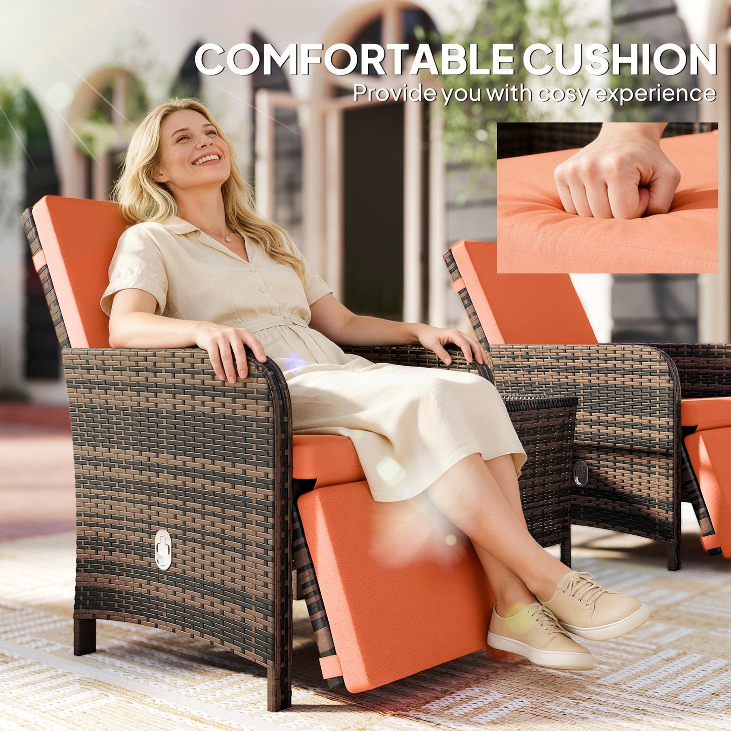 Haridi Brown Rattan and Orange 3 Piece Bistro Set With Cushions And Storage Table
