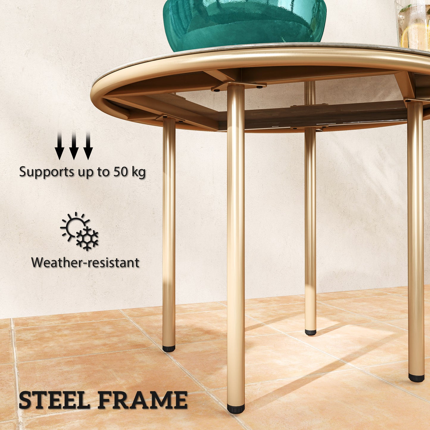 Bake Steel Beige Round Side Table With Faux Marble Glass Top