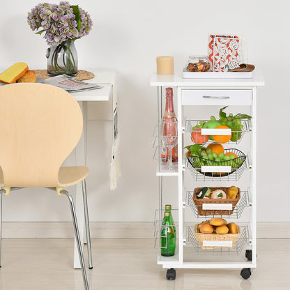 Tore Metal White Rolling Kitchen Cart With 4 Basket Drawers And Side Racks