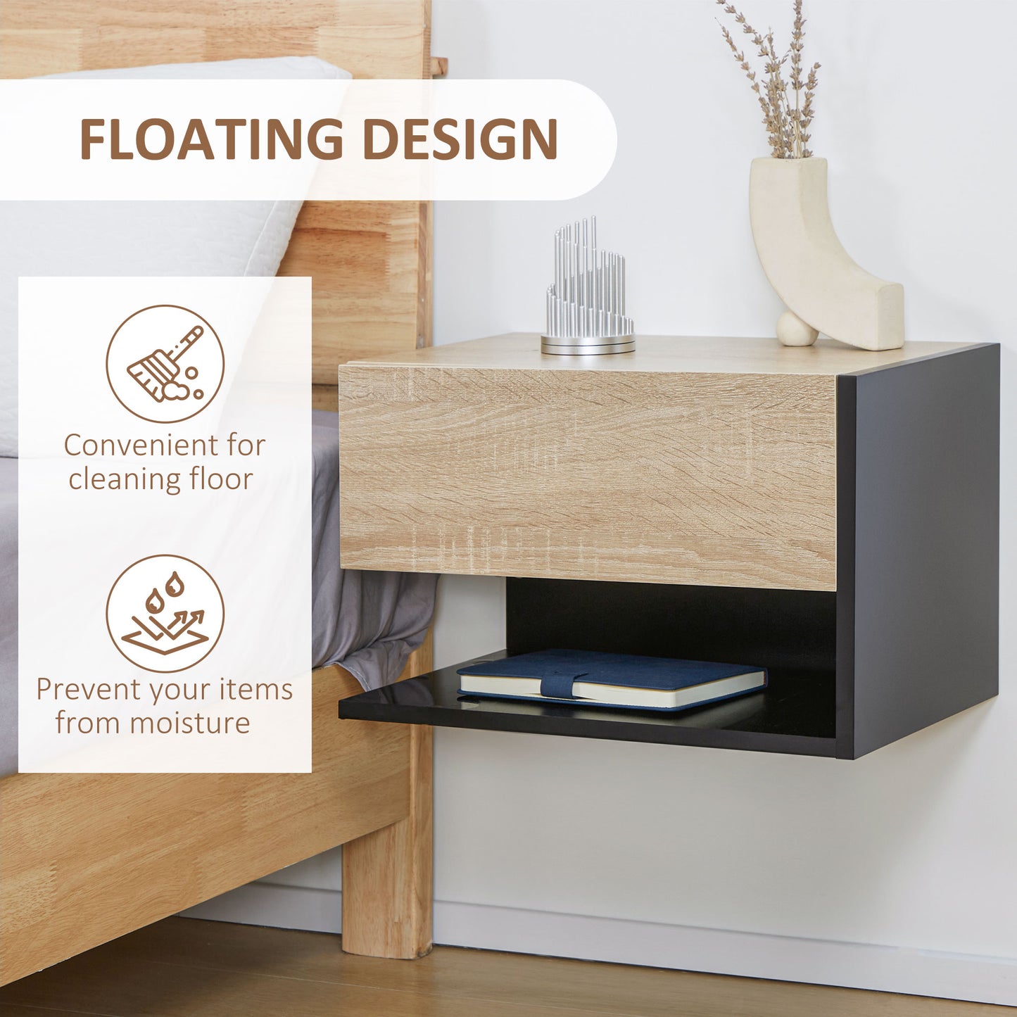 Sebato Set of 2 Oak Effect Wooden Floating Bedside Tables With Drawer And Shelf Wall Mounted 46 x 30 x 30 cm