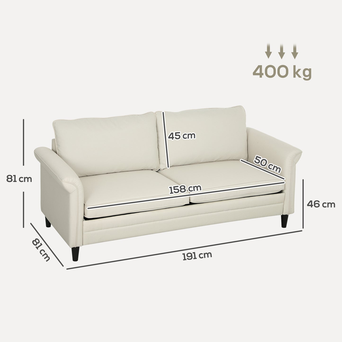 Totake Saro Cream Fabric 3 Seater Sofa With Spring Cushions And Black Legs