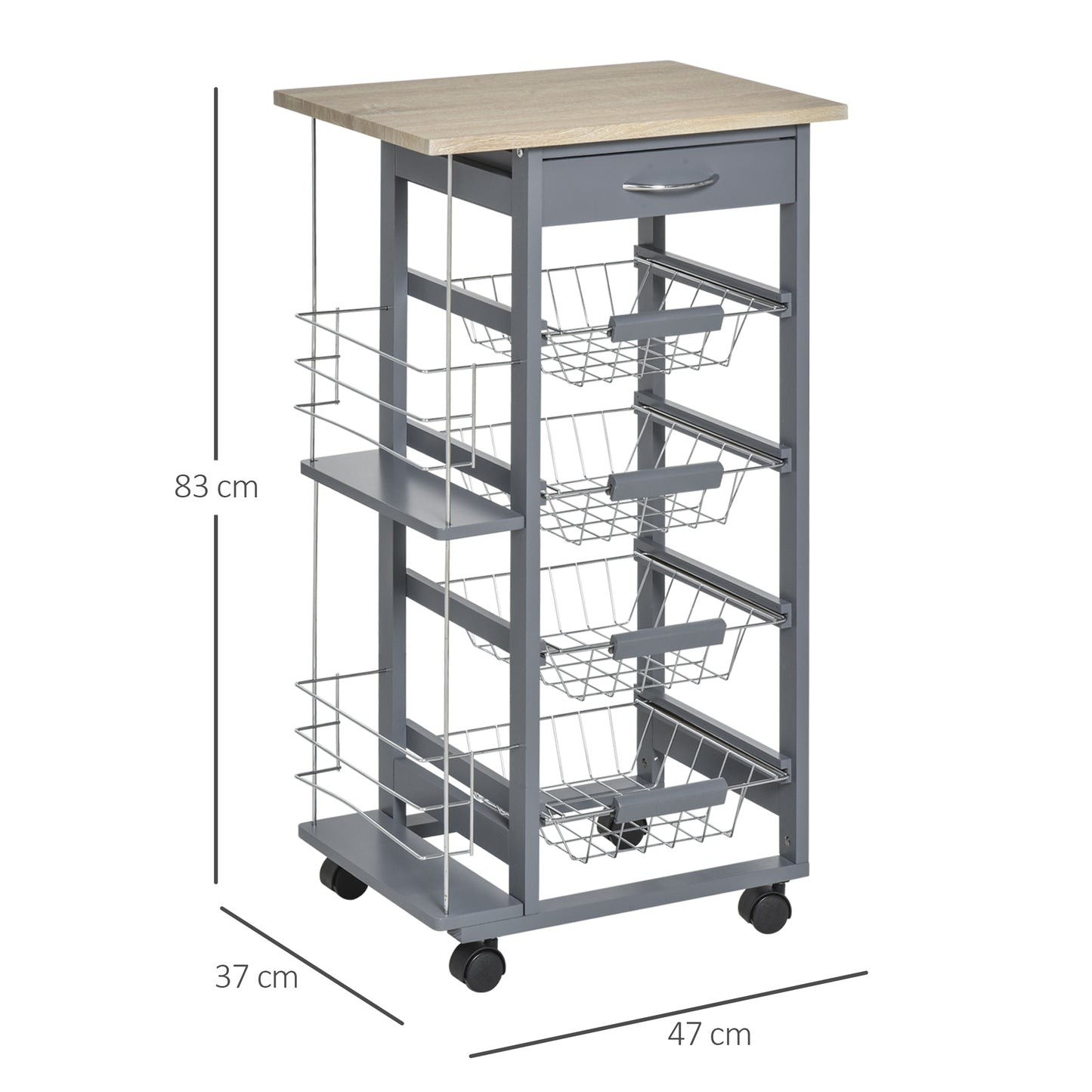 Nerake Metal Grey Rolling Kitchen Cart With 4 Basket Drawers And Side Racks