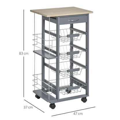 Nerake Metal Grey Rolling Kitchen Cart With 4 Basket Drawers And Side Racks