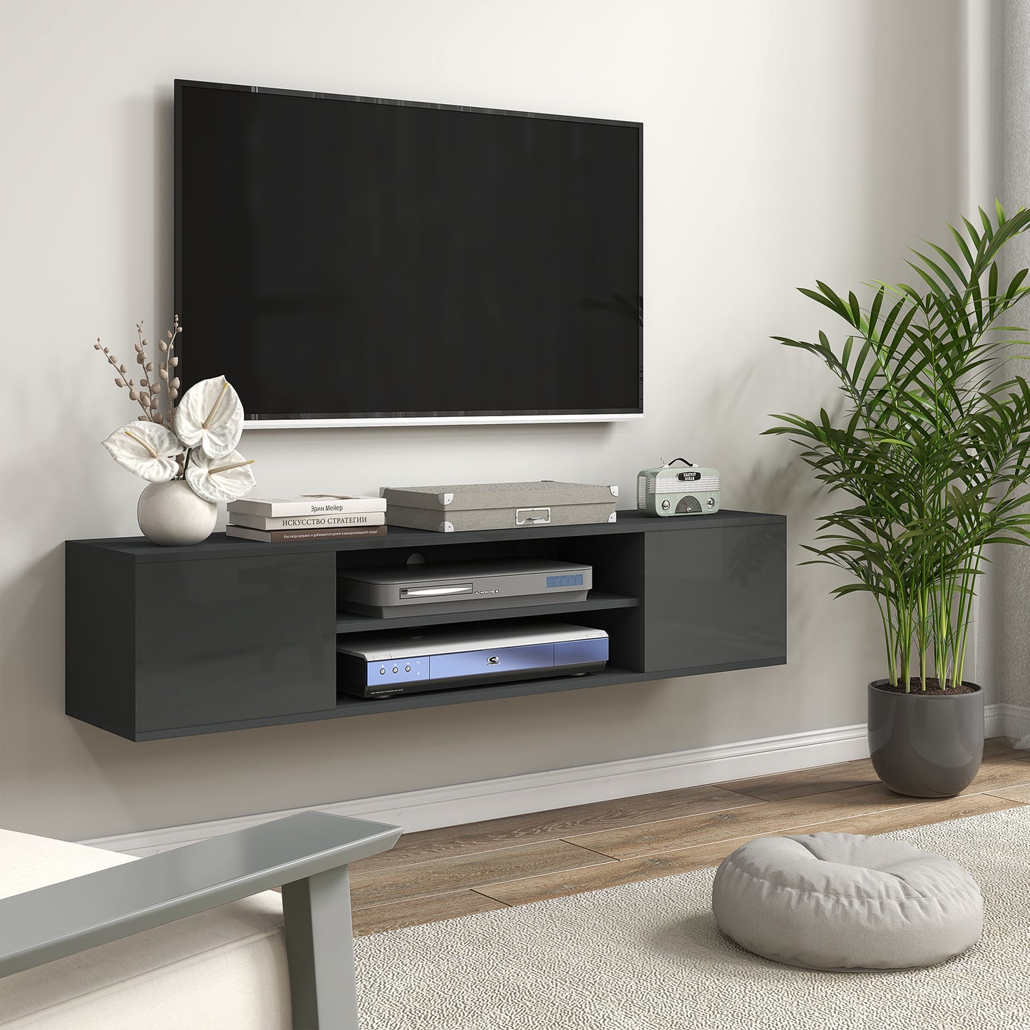 Minoco Wooden Grey Floating TV Stand With Shelf and Doors For Screens Up To 60 Inches