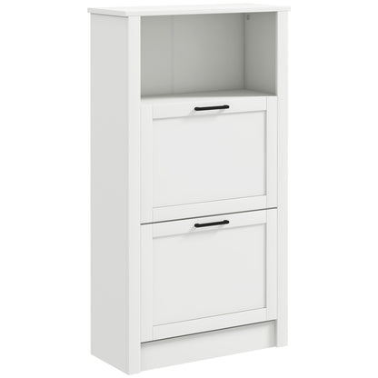 Lisavi Wooden White Slim Shoe Cabinet With 2 Flip Drawers and Shelf