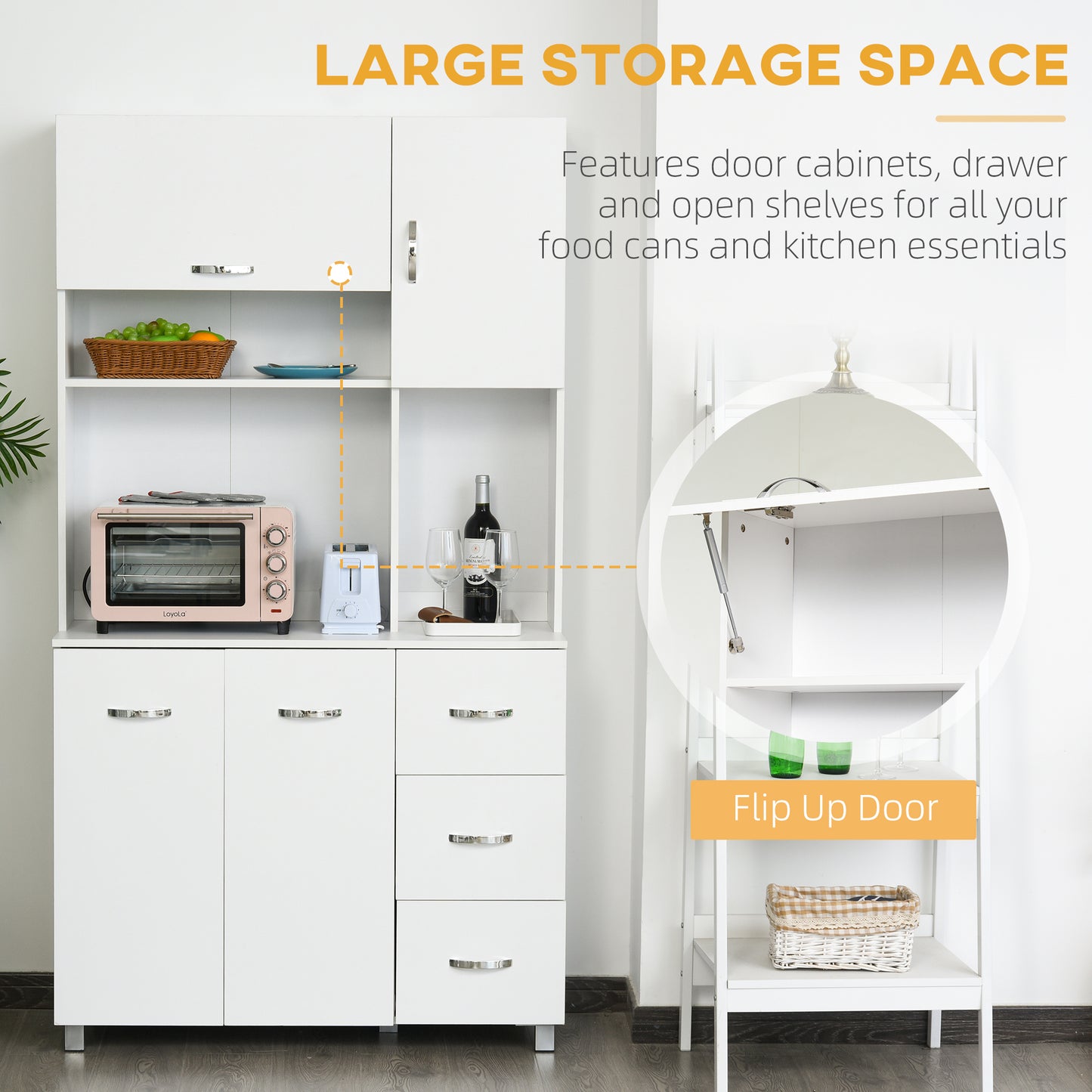 Vivivi Hapa Wooden White Tall Kitchen Sideboard With Drawers Flip Door Cupboards And OFauxn Shelves