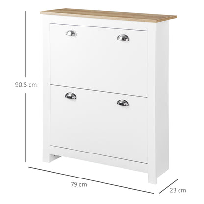 Neneka Wooden White and Natural Slim Shoe Cabinet With 2 Flip Drawers For 12 Pairs