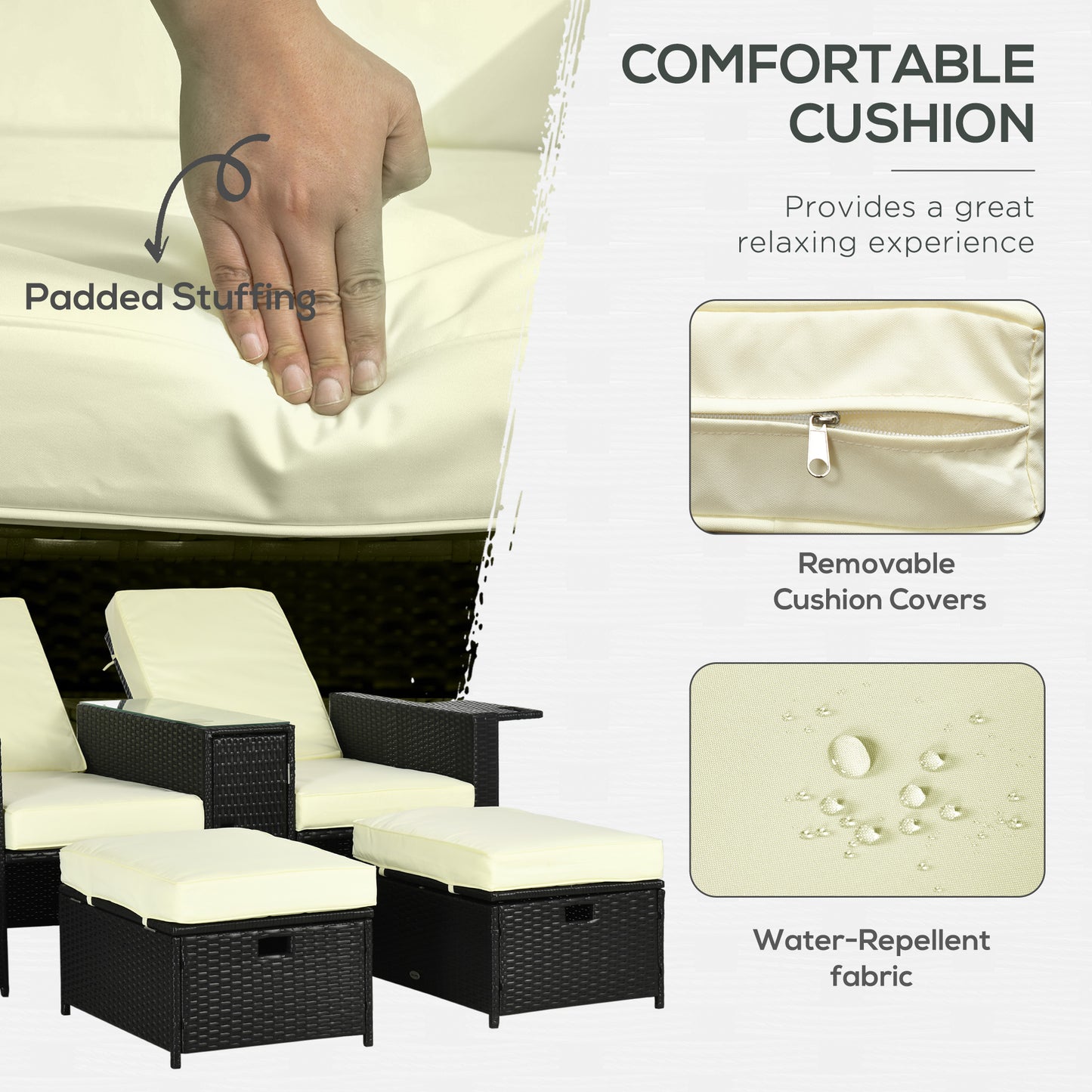 Niludo Faux Rattan Black and Cream 5 Piece Adjustable Sun Lounger Set With Storage Table And Footstools