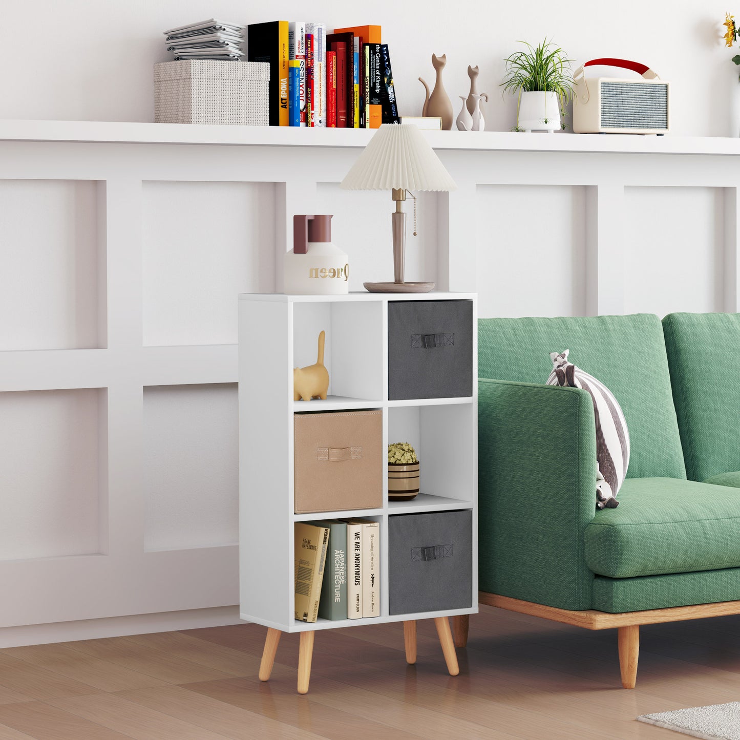 Nadiro Wooden White 6 Cube Storage Unit With 3 Fabric Drawers And OFauxn Shelves