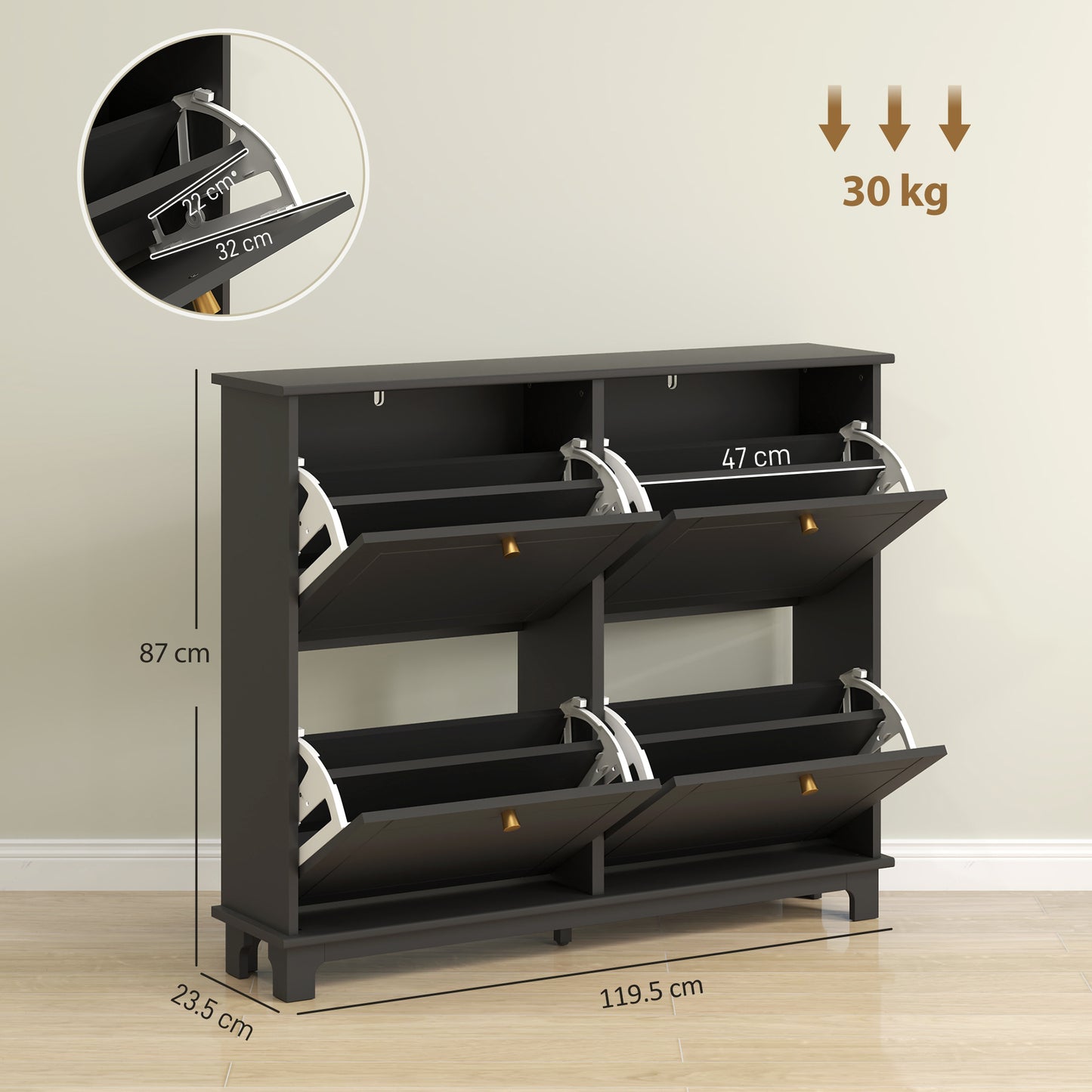 Serodo Wooden Black Slim Shoe Cupboard With 4 Flip Drawer For 16 Pairs