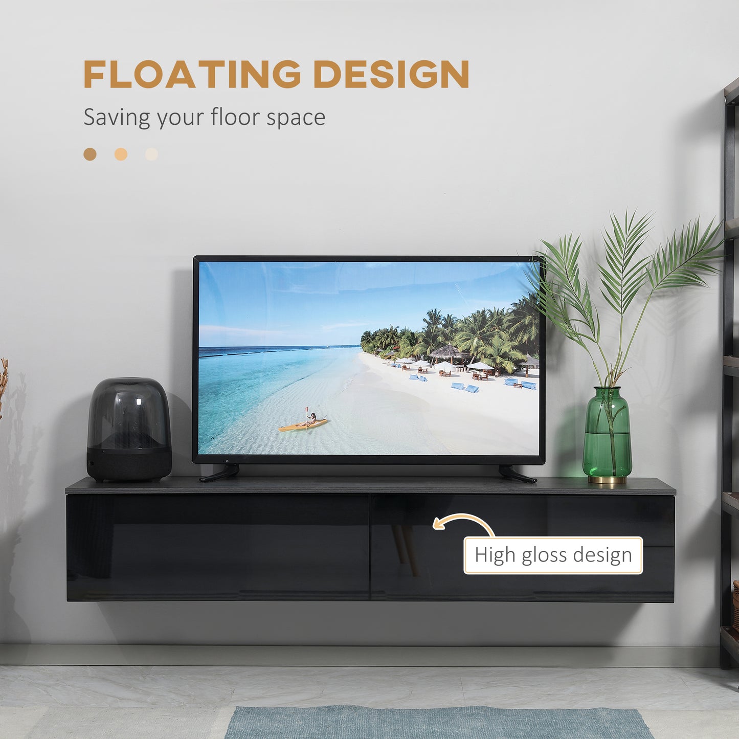 Elkaro High Gloss Grey And Black Floating TV Cabinet With Cupboards For Screens Up To 70 Inches