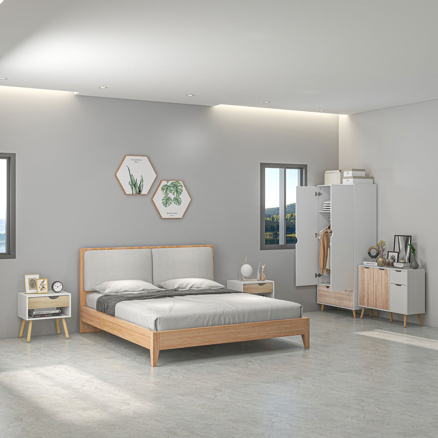 Coramoro 4 Piece Natural Wood And White Bedroom Furniture Set With Wardrobe 2 Bedside Tables And Cabinet