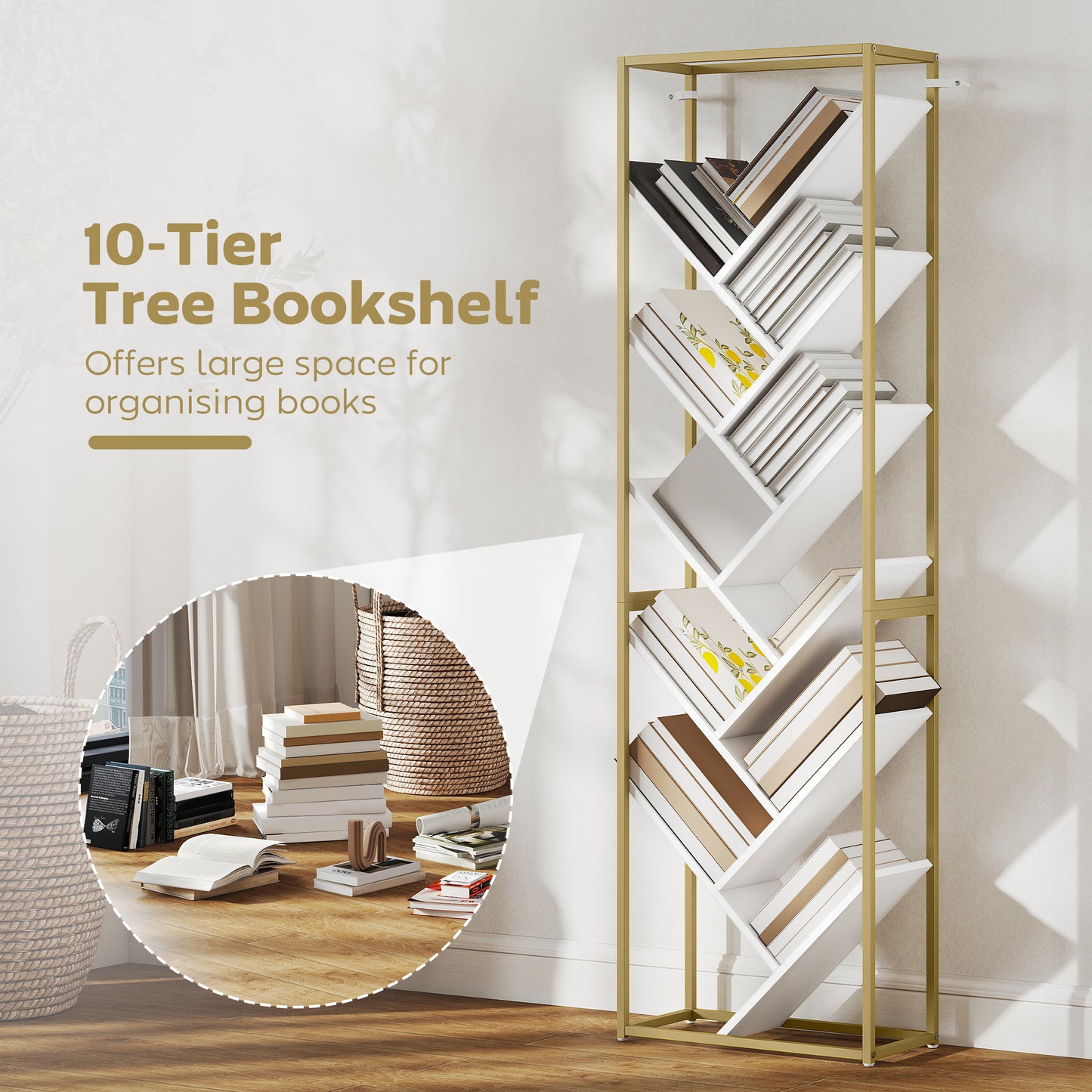 Loelne Wood And Metal Gold Tone And White 10 Tier Modern Display Bookcase