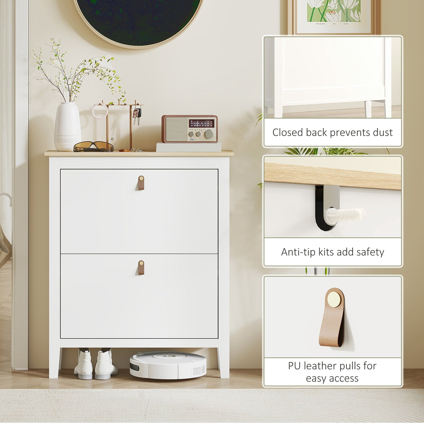 Rimi Wooden White and Natural 2 Drawer Shoe Cabinet Faux Leather Handles