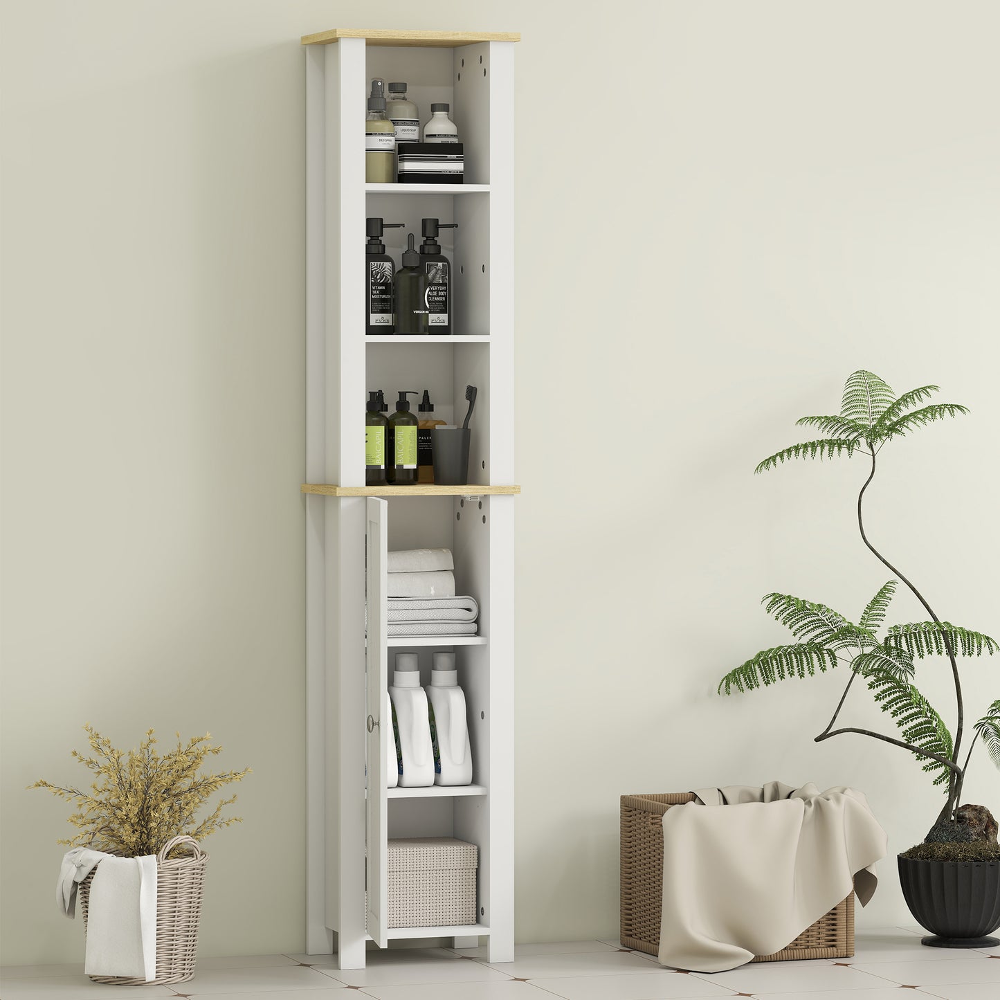Nifael Favi Slim Bathroom Storage Cabinet With OFauxn Compartment And Adjustable Shelves White 34 x 23 x 165 cm
