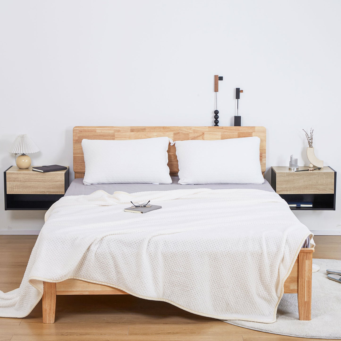 Sebato Set of 2 Oak Effect Wooden Floating Bedside Tables With Drawer And Shelf Wall Mounted 46 x 30 x 30 cm