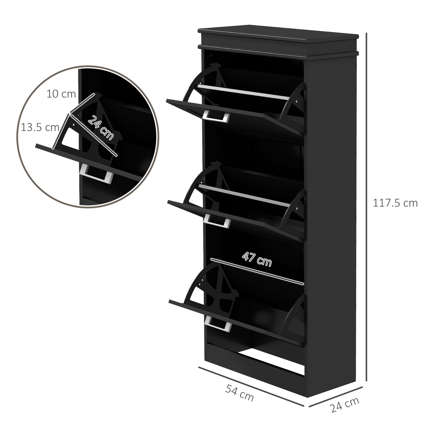Kaso Wooden Black Minimal 3 Drawer Shoe Cabinet