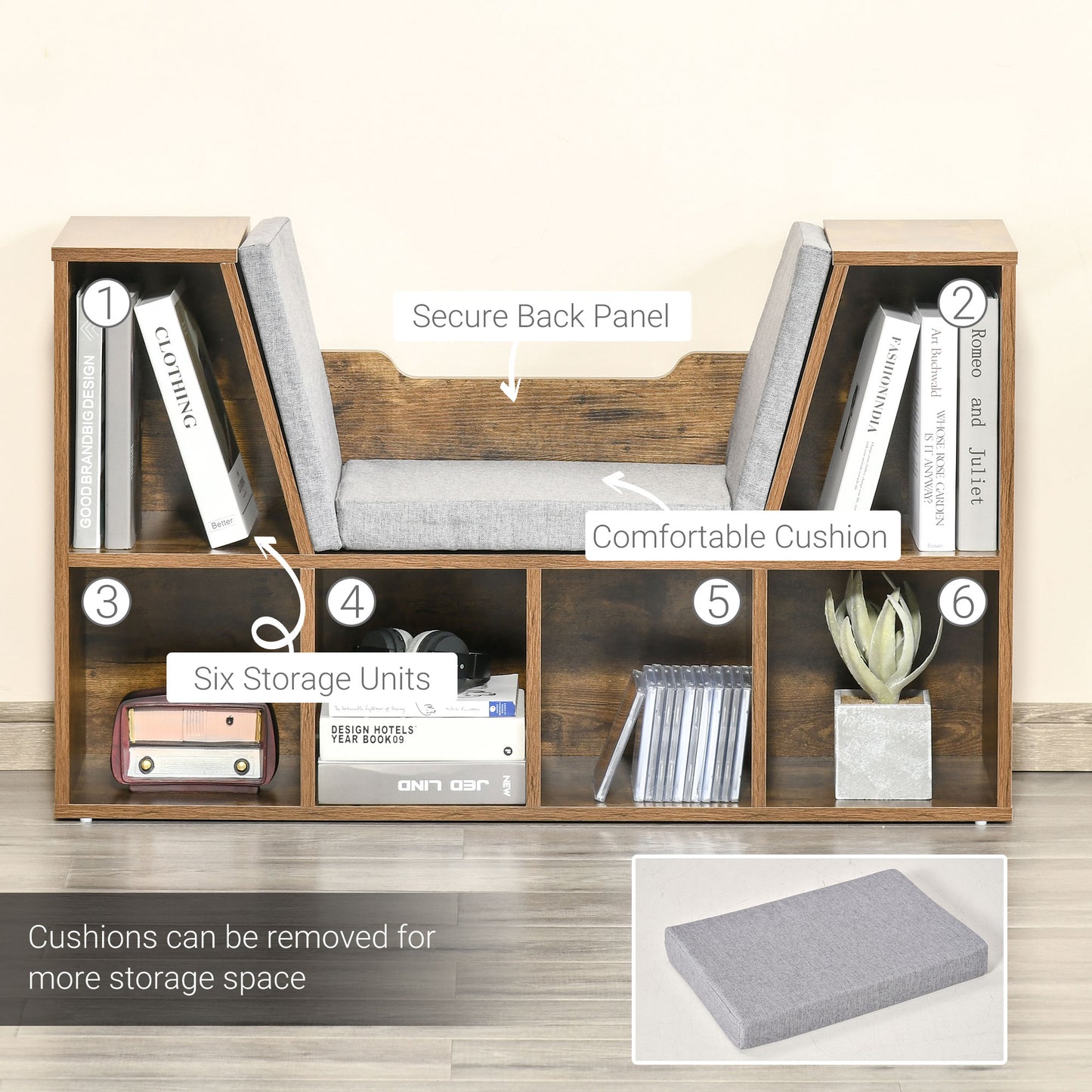 Kalavi Wood Rustic Brown Cube Bookcase With Cushioned Reading Seat