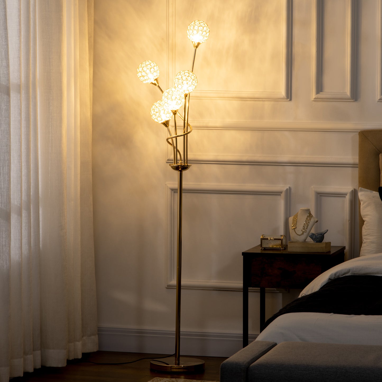 Rarodi Crystal And Metal Gold Tone 5 Light Upright Floor Lamp 156 cm