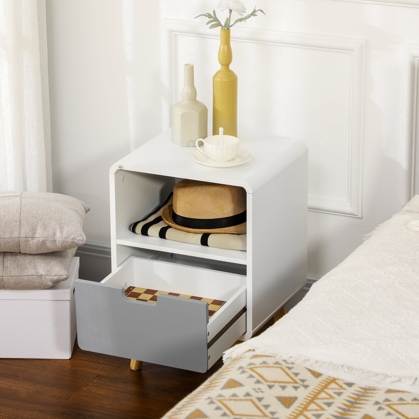 Neselo Yozi Set Of 2 Scandinavian Style Wooden Bedside Tables With Drawer And Shelf