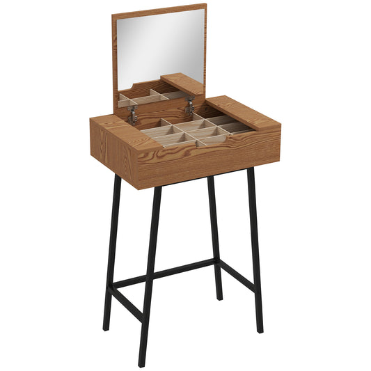 Fino Leri Natural Wood Industrial Vanity Desk With Flip Up Mirror And 6teen Storage Compartments