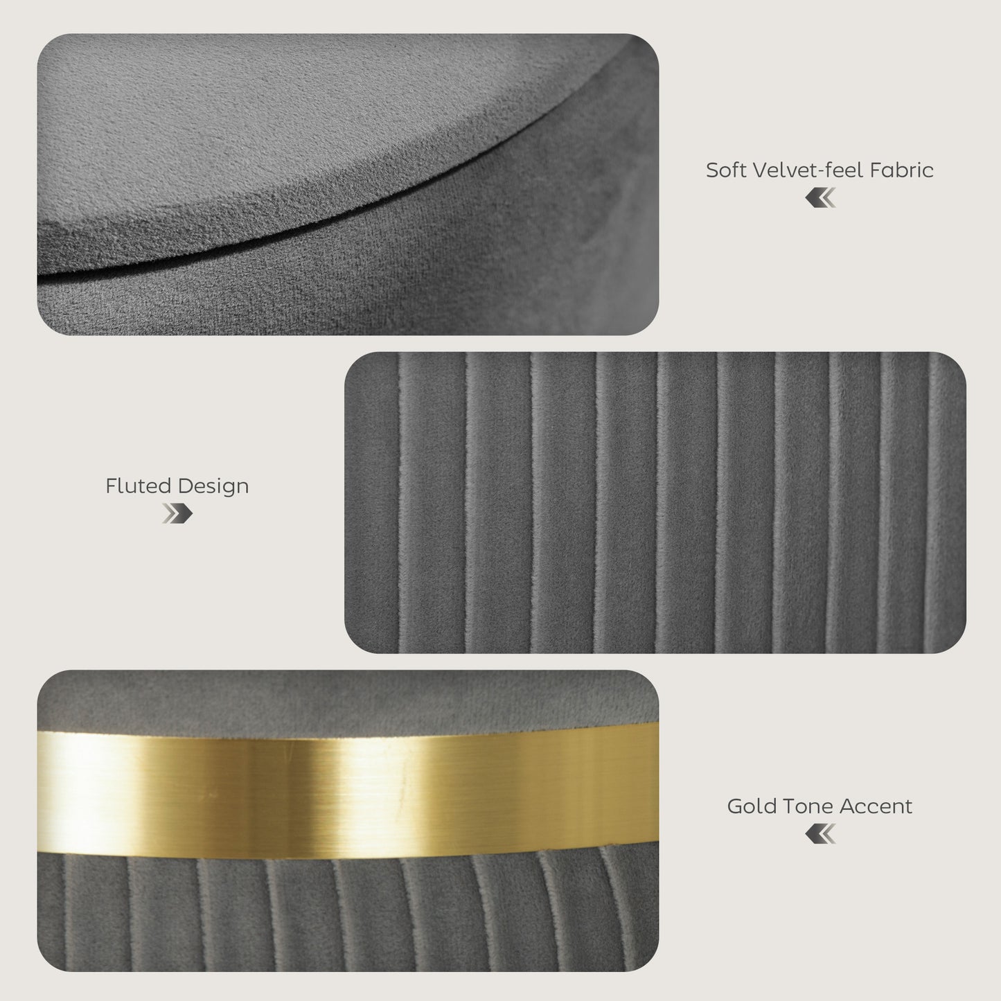 Vami Velvet Grey Storage Ottoman With Soft Upholstered Finish Gold Accent